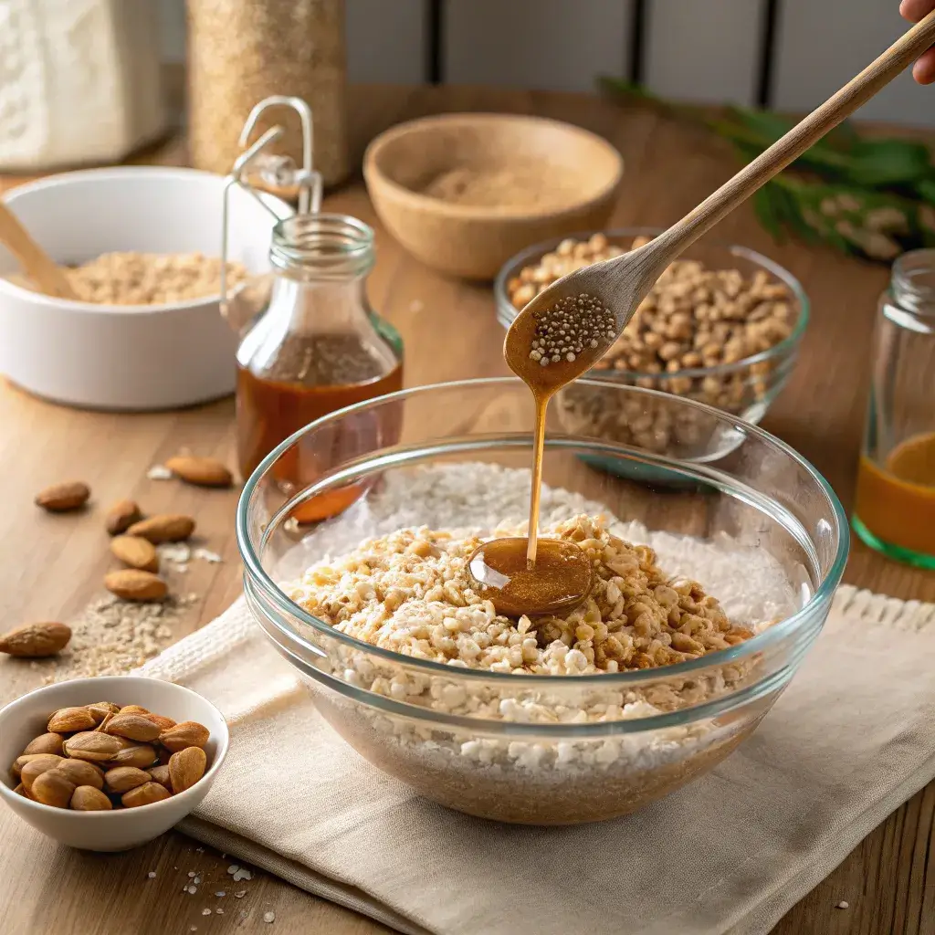 Mixing healthy Rice Krispie treats in a bowl