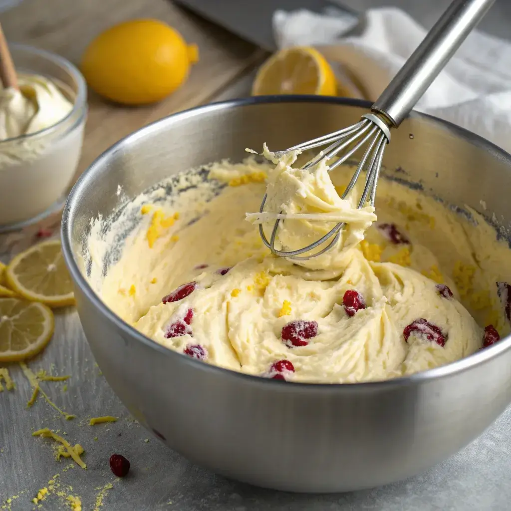 Mixing batter for lemon berry mascarpone cake with lemon zest