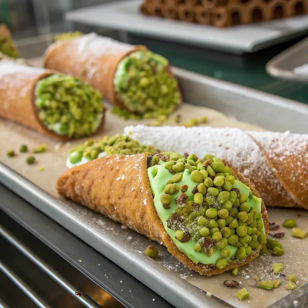pistachio cannoli with mint green color in Italian desserts