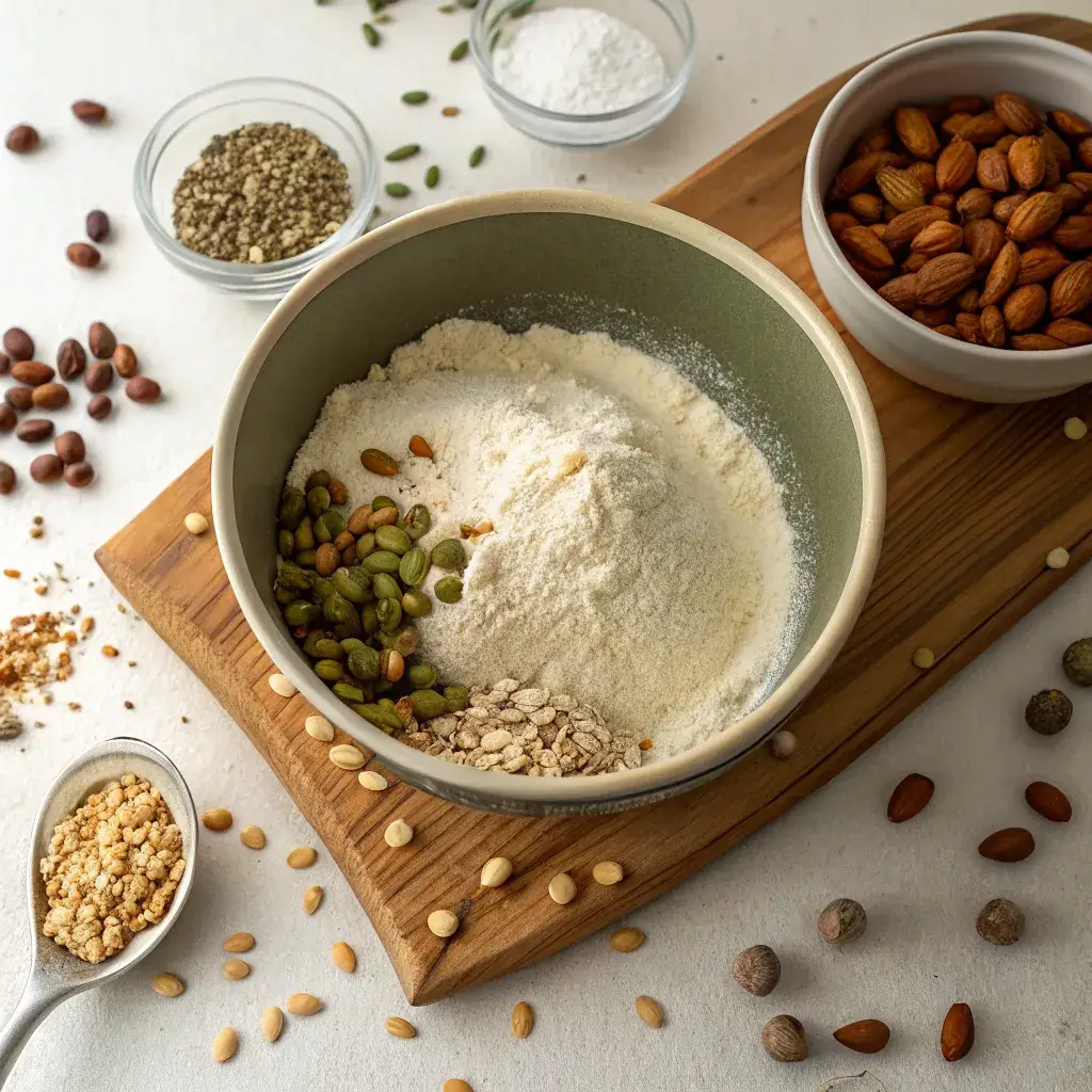 Protein sourdough bread ingredients with seeds and flour