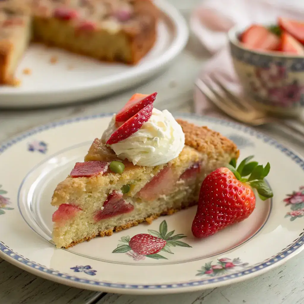Rhubarb cake recipes served with whipped cream