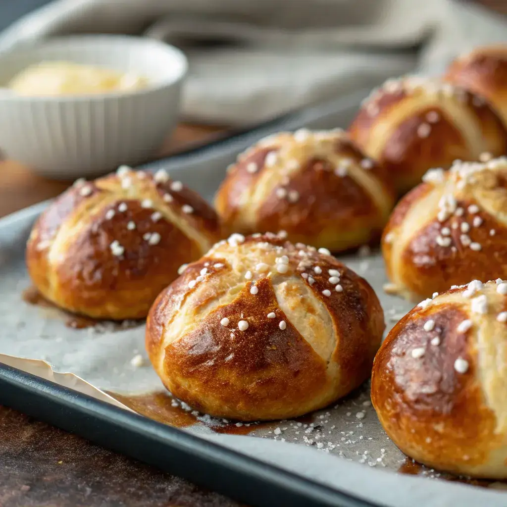 Salted sourdough discard pretzel bites close-up