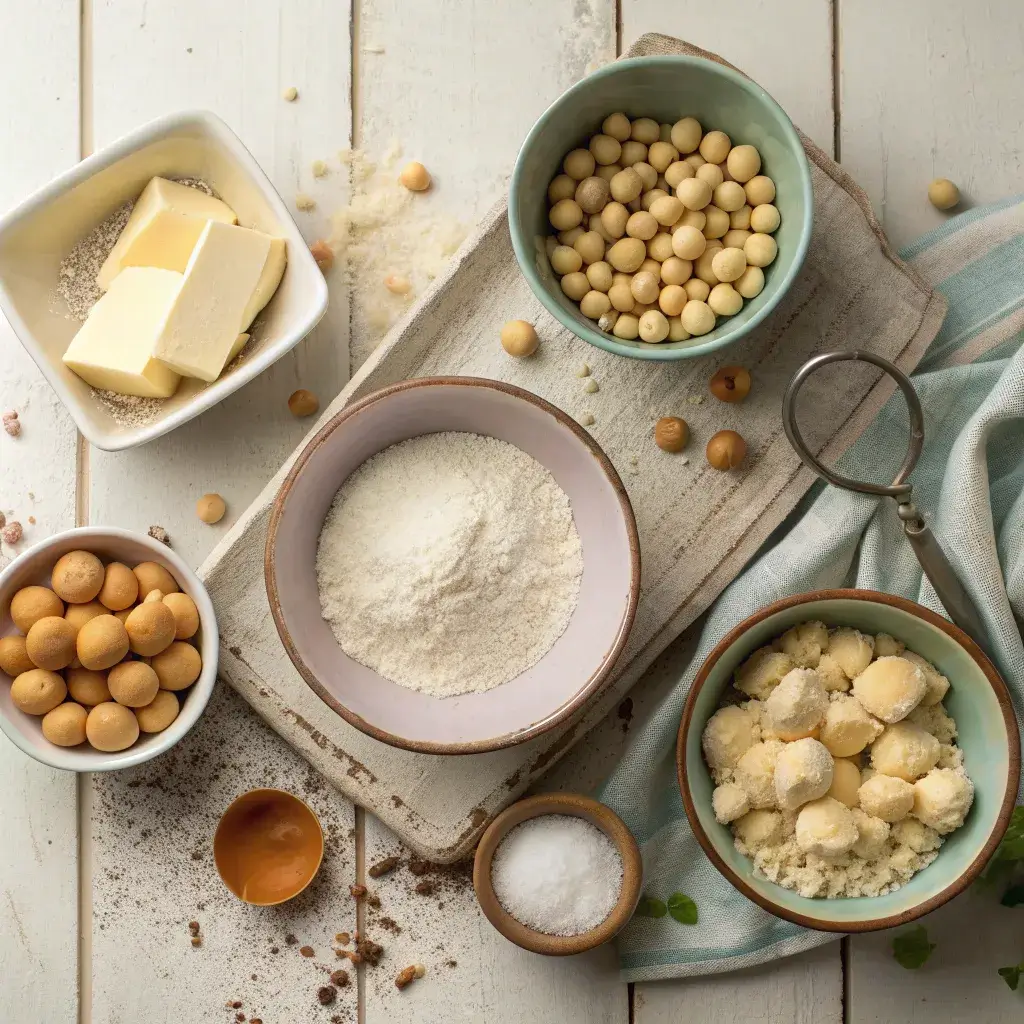 Macadamia nut shortbread cookie ingredients on a counter