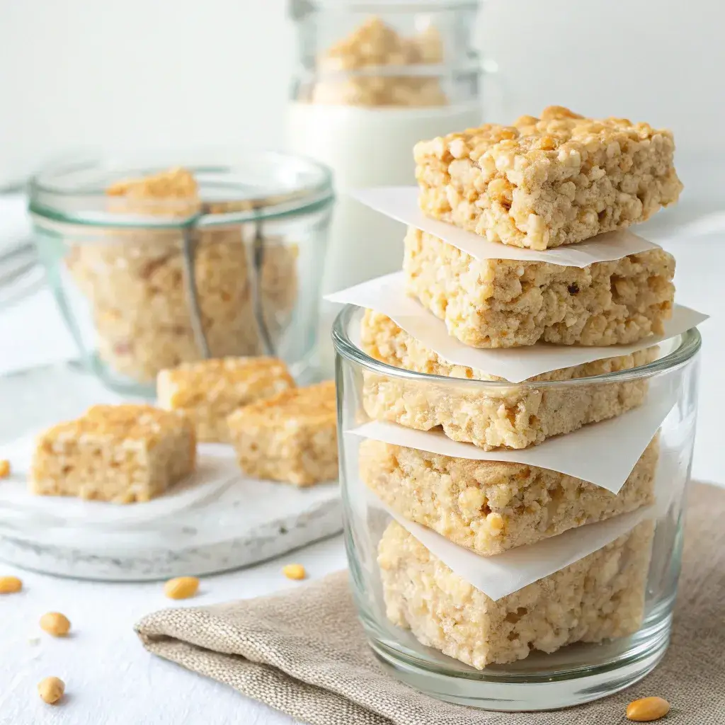 Storing healthy Rice Krispie treats in a container