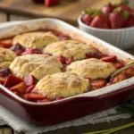 strawberry rhubarb cobbler in rustic dish