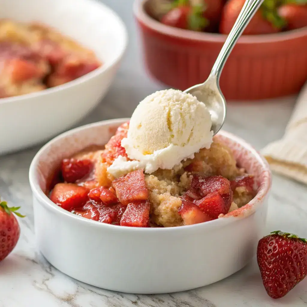 strawberry rhubarb cobbler with whipped cream