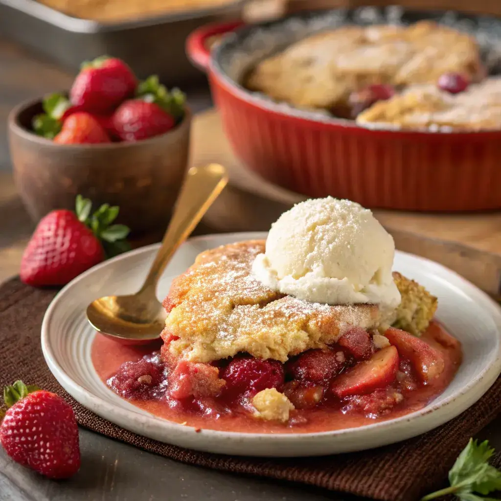 strawberry rhubarb cobbler with vanilla ice cream