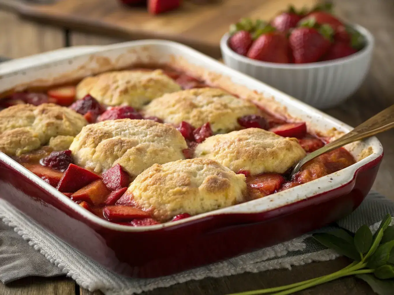 strawberry rhubarb cobbler in rustic dish