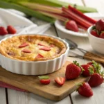 Strawberry rhubarb custard pie on rustic table