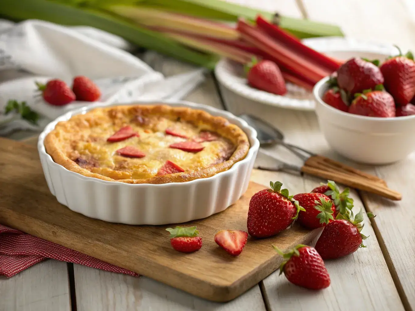 Strawberry rhubarb custard pie on rustic table