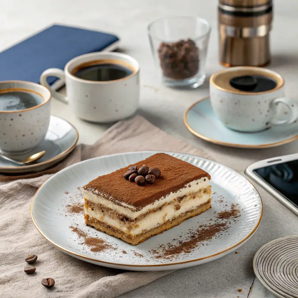 Tiramisu cake served with coffee