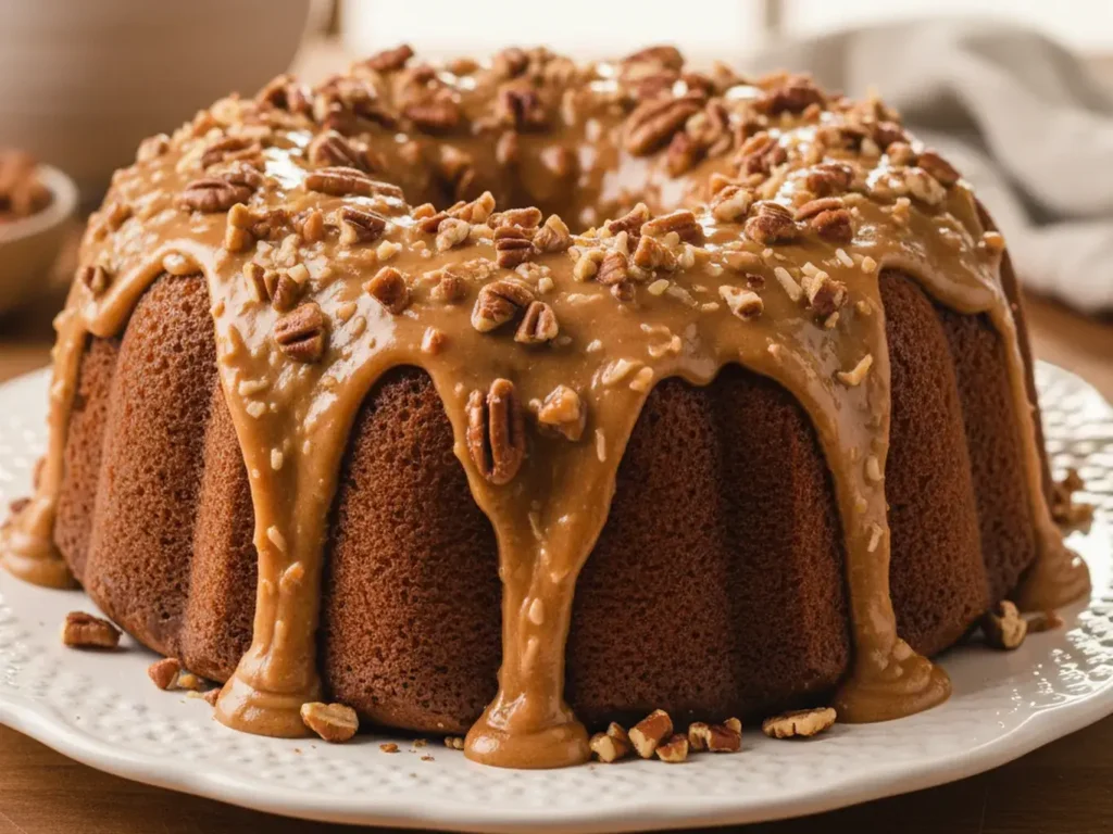 German Chocolate Pecan Pound Cake with gooey coconut frosting