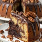 German Chocolate Pecan Pound Cake with gooey coconut frosting