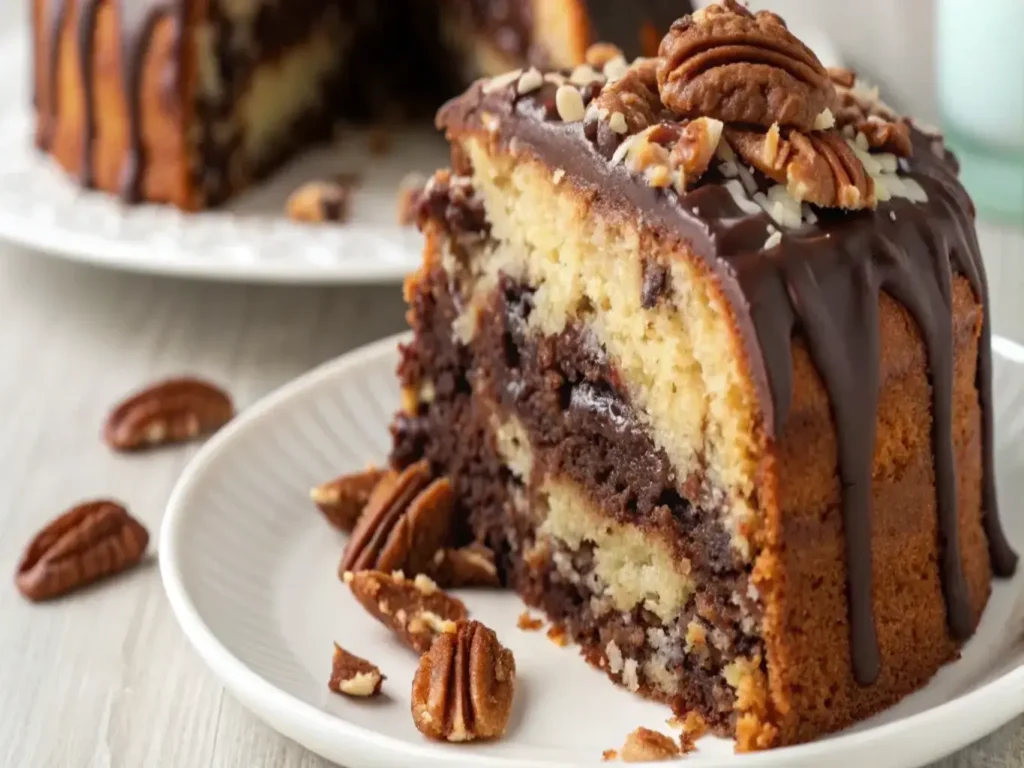 German Chocolate Pecan Pound Cake with gooey coconut frosting