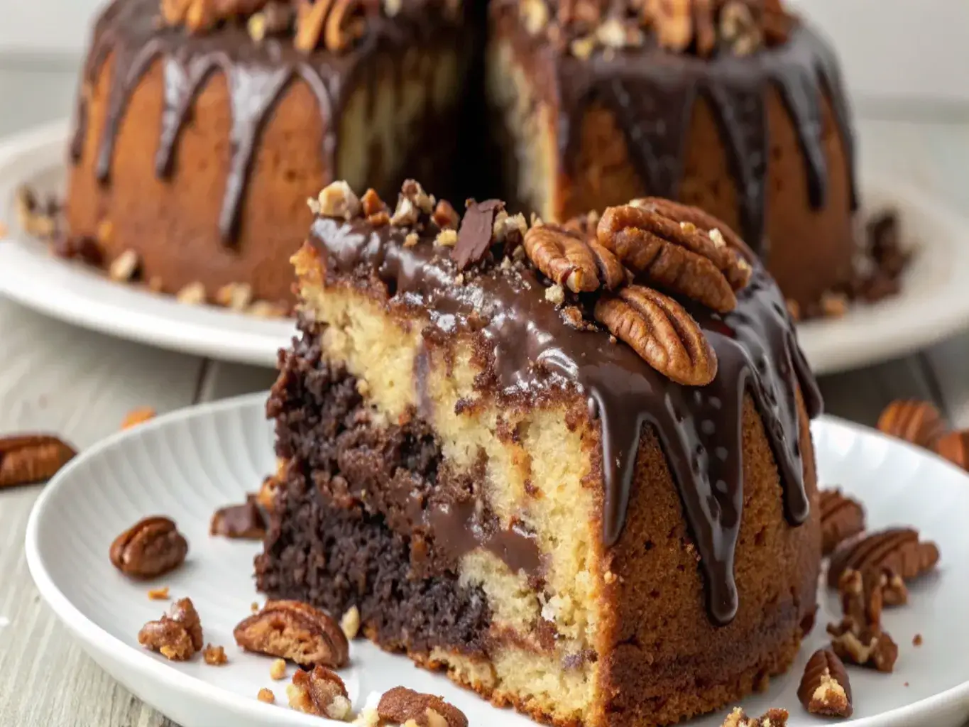 German Chocolate Pecan Pound Cake with gooey coconut frosting