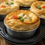 golden-brown mini chicken pot pies in a muffin tin