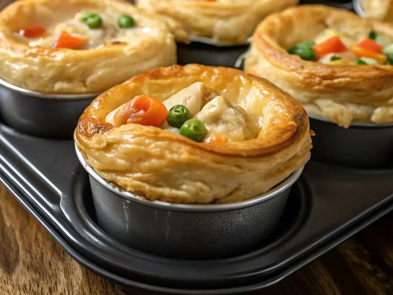 golden-brown mini chicken pot pies in a muffin tin