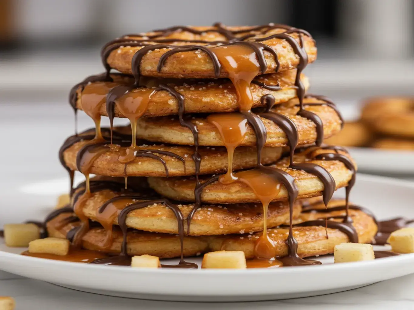 caramel apple pretzel bites stacked with caramel and chocolate drizzle