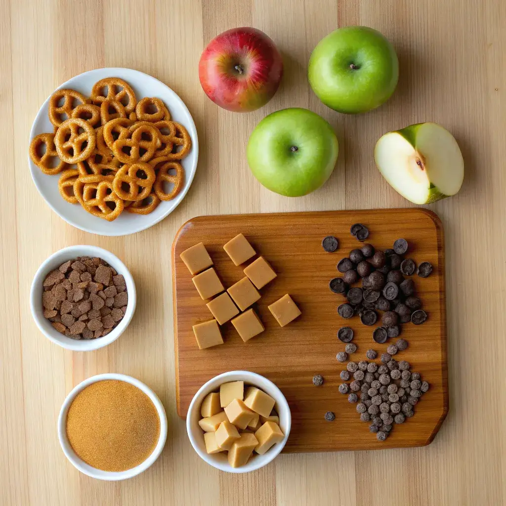 Step-by-step process of assembling caramel apple pretzel bites