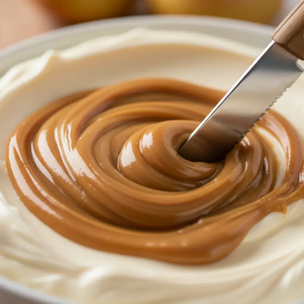 swirling-caramel-into-cheesecake-dip