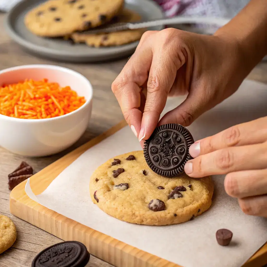 assembling Halloween Oreo Stuffed Cookies