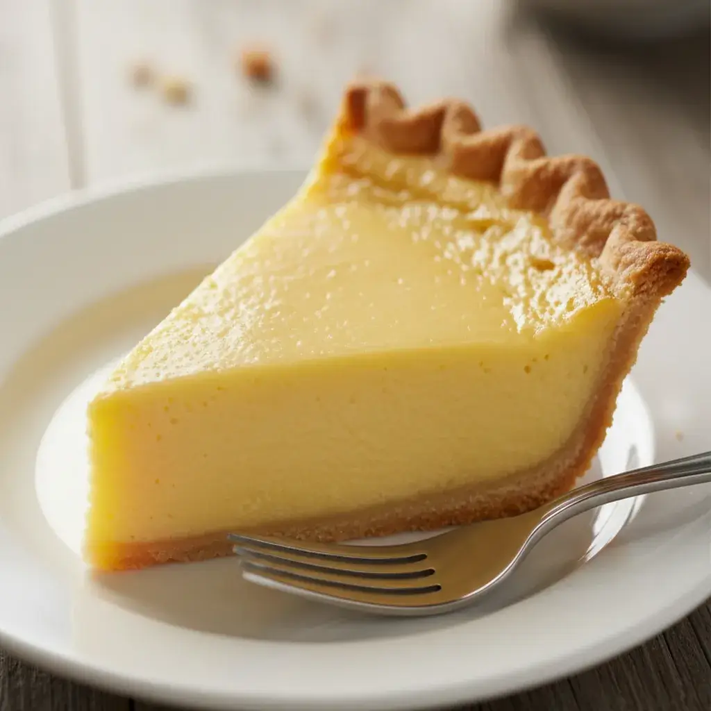slice of crustless keto custard pie on a white plate