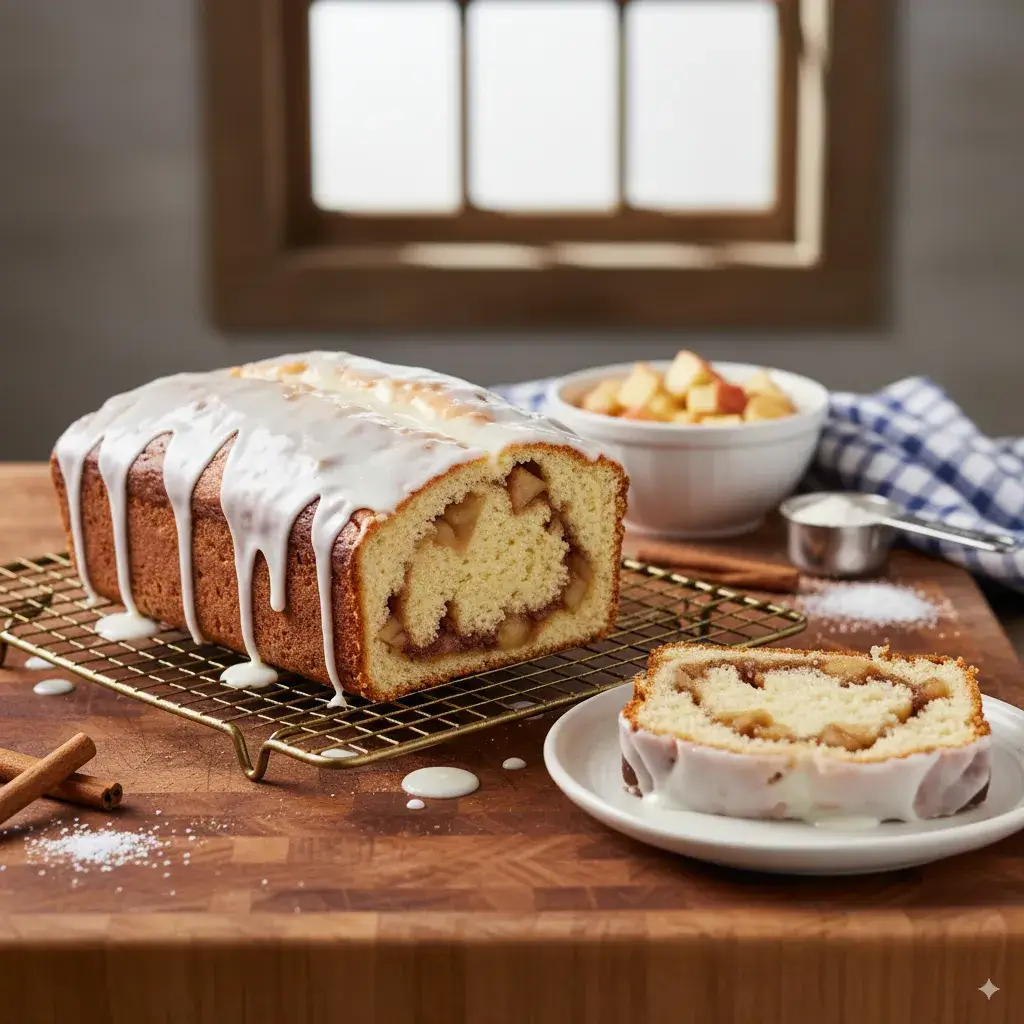 Sliced and glazed Easy Amish Apple Fritter Bread ready to serve