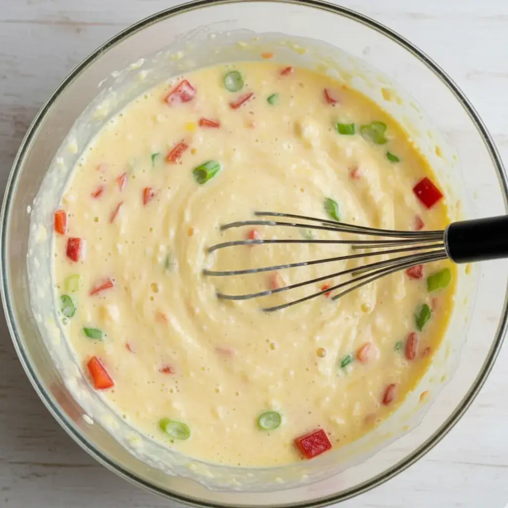 mixing the batter for high protein egg muffins with cottage cheese.
