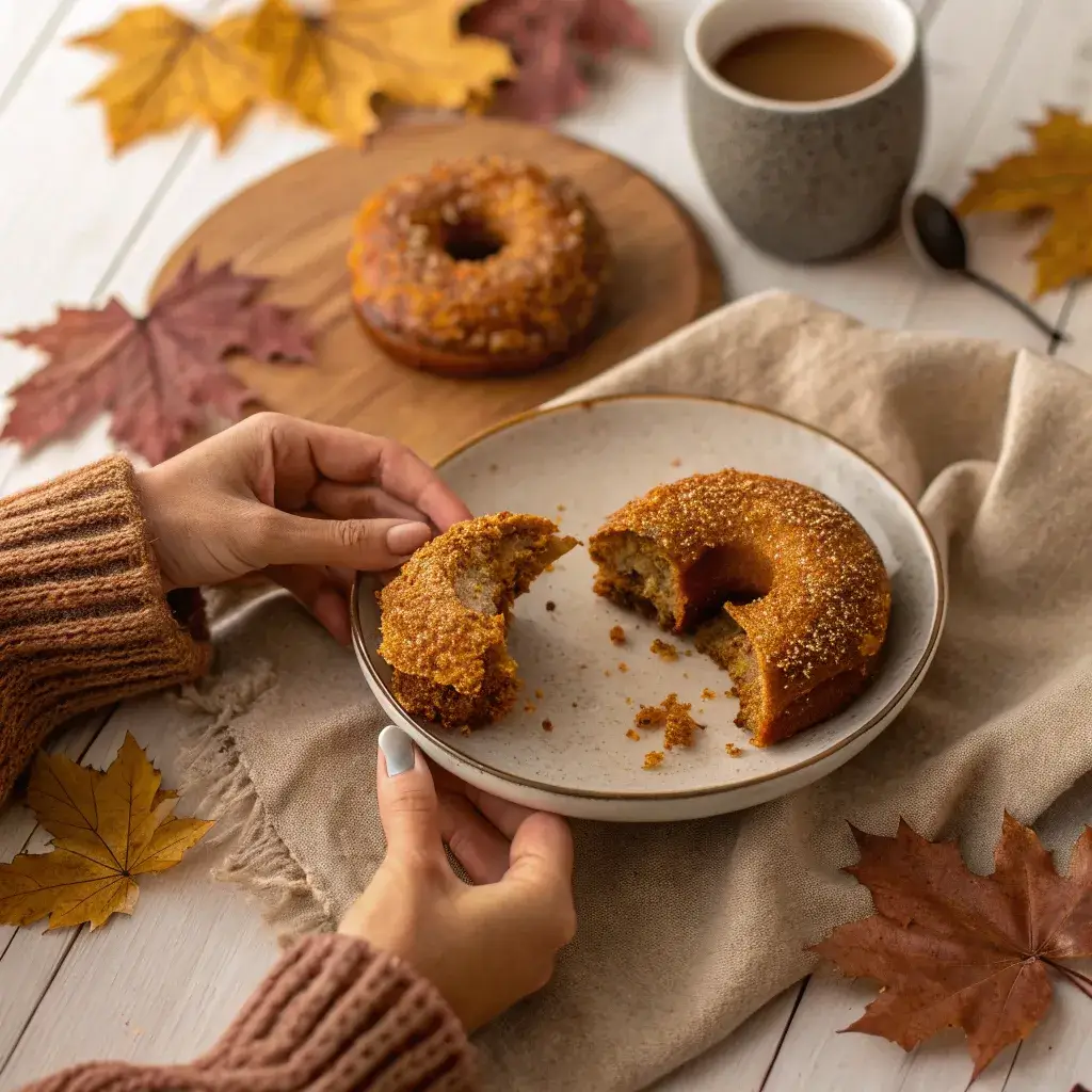 enjoying a bite of healthy paleo pumpkin donuts