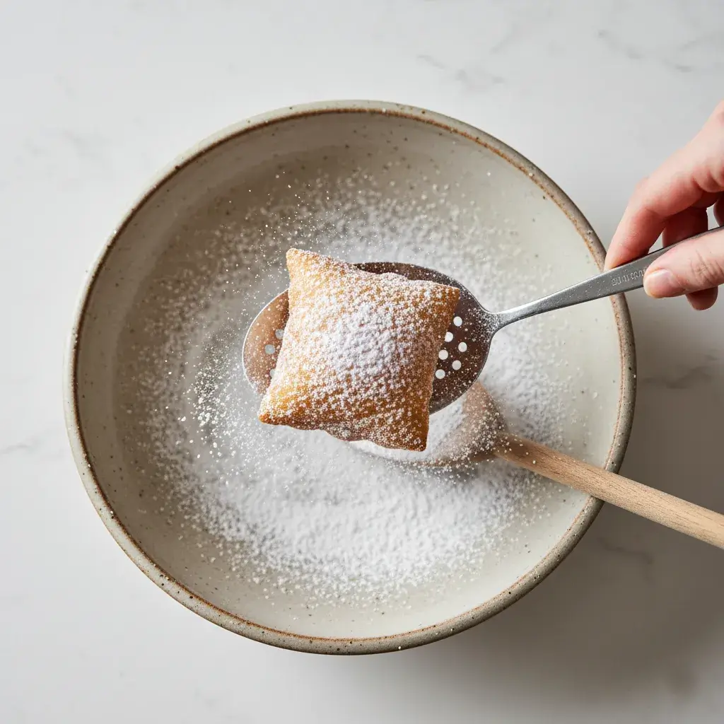Dusting fluffy vanilla french beignets with powdered sugar.