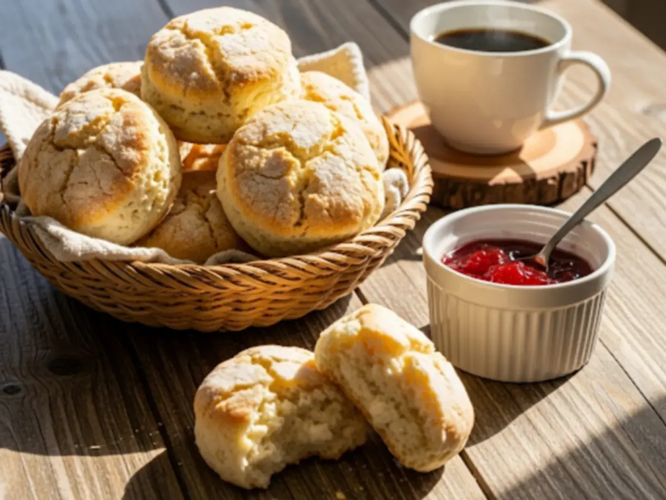 high-protein cottage cheese breakfast biscuits on wooden table