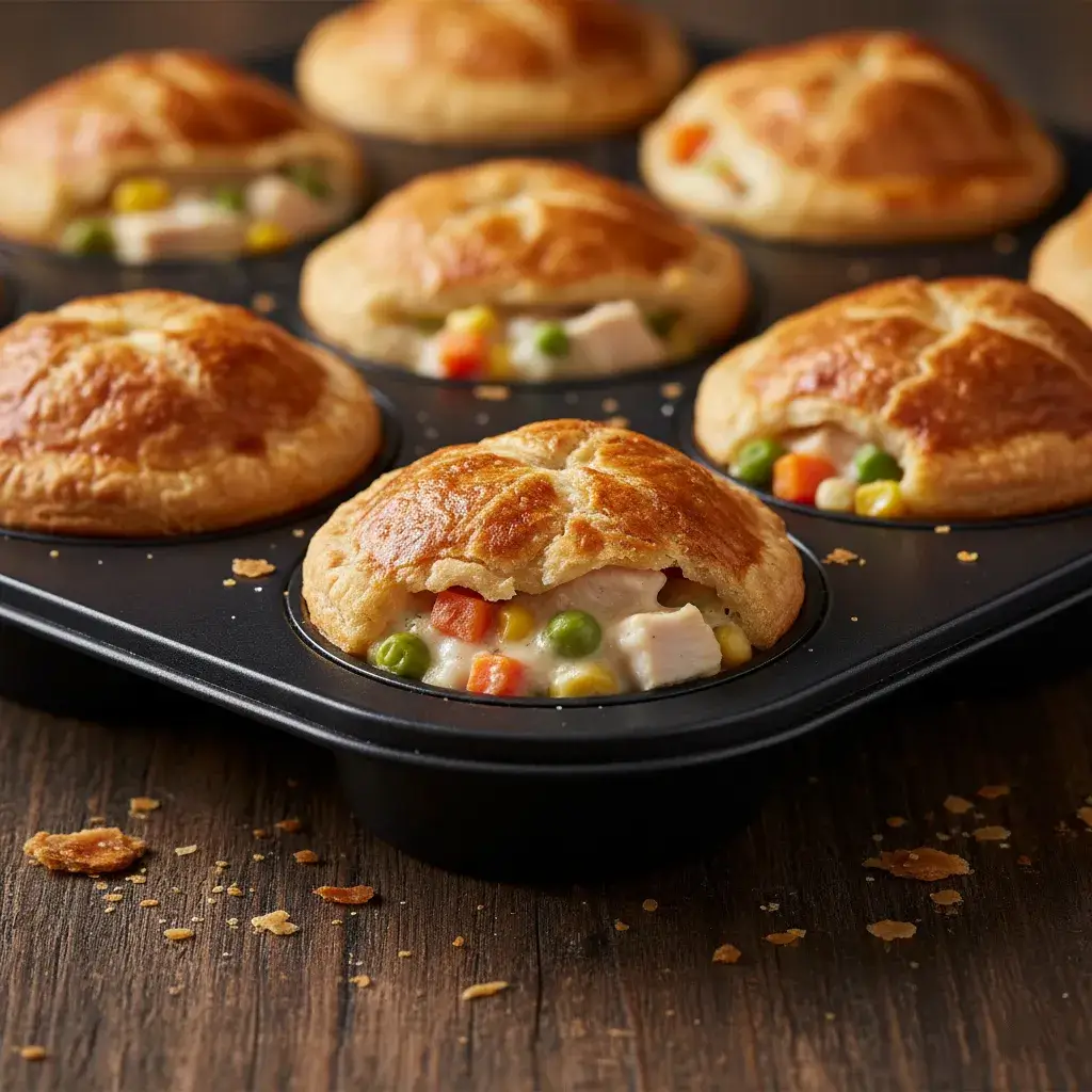 golden-brown mini chicken pot pies in a muffin tin