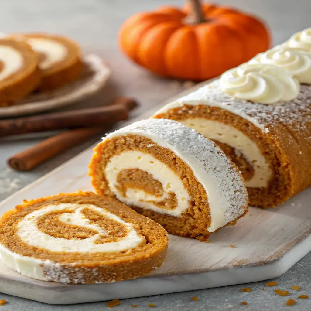 A freshly baked pumpkin roll with cream cheese filling