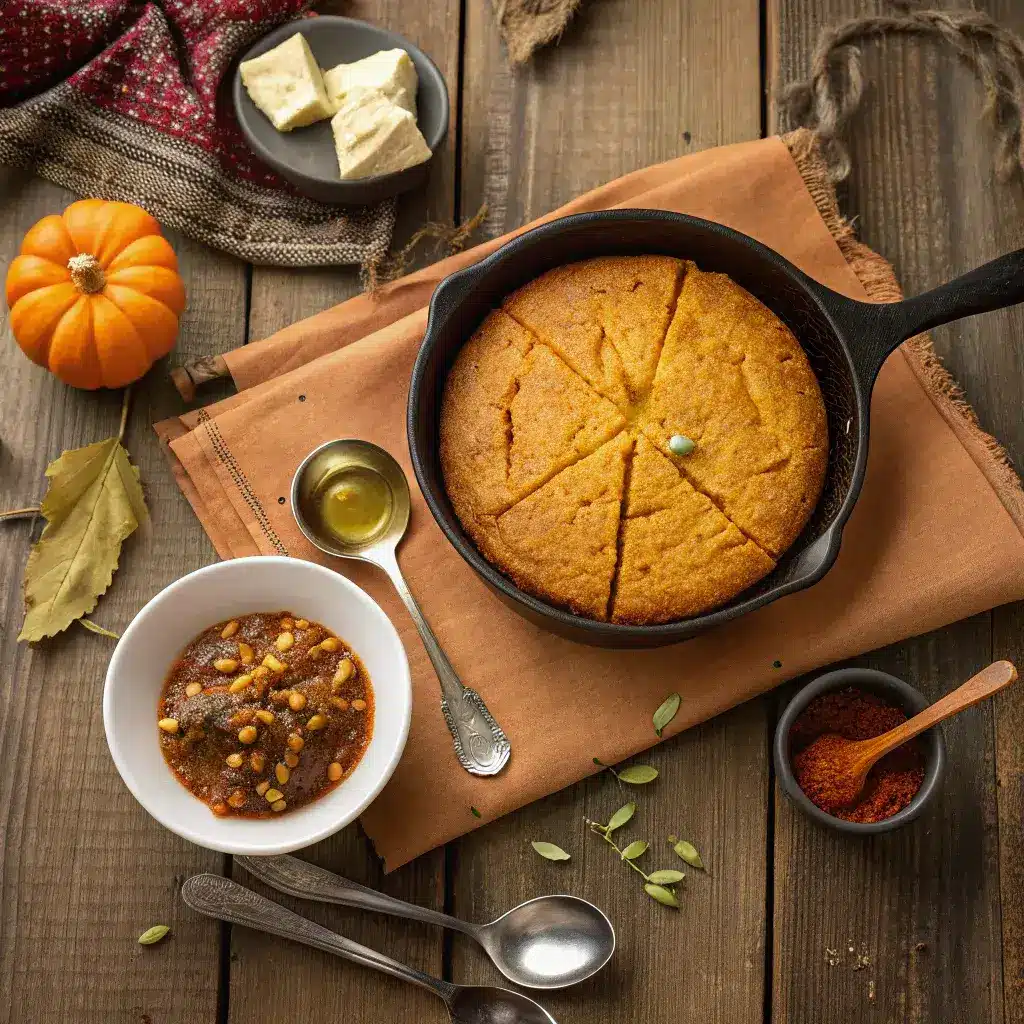 serving Pumpkin Cornbread with Cinnamon Honey Butter and chili