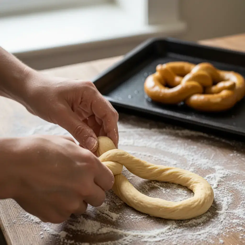 shaping homemade cinnamon sugar soft pretzels