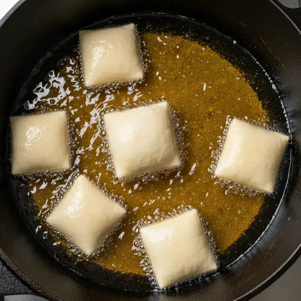 Frying fluffy vanilla french beignets in oil.