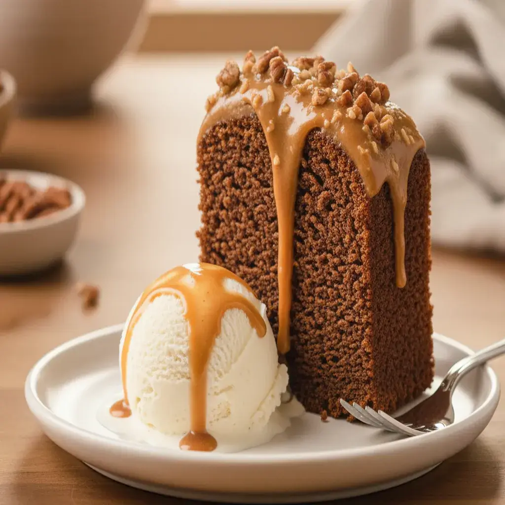 German Chocolate Pecan Pound Cake served with ice cream and caramel