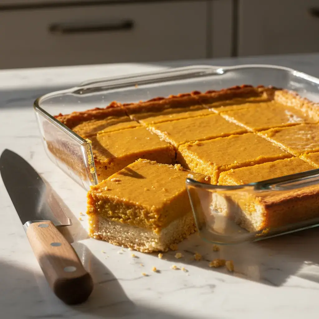 sliced-gluten-free-pumpkin-pie-bars-in-pan
