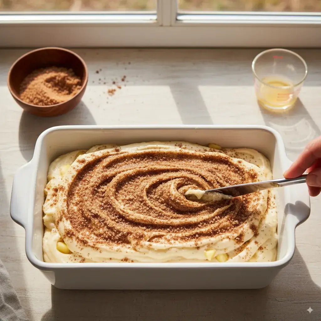 Creating the cinnamon swirl in Easy Amish Apple Fritter Bread batter