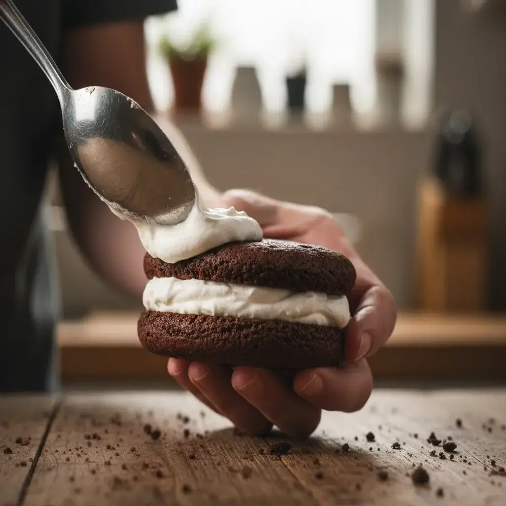 A macro shot of whoopie pie batter being portioned onto a baking sheet.