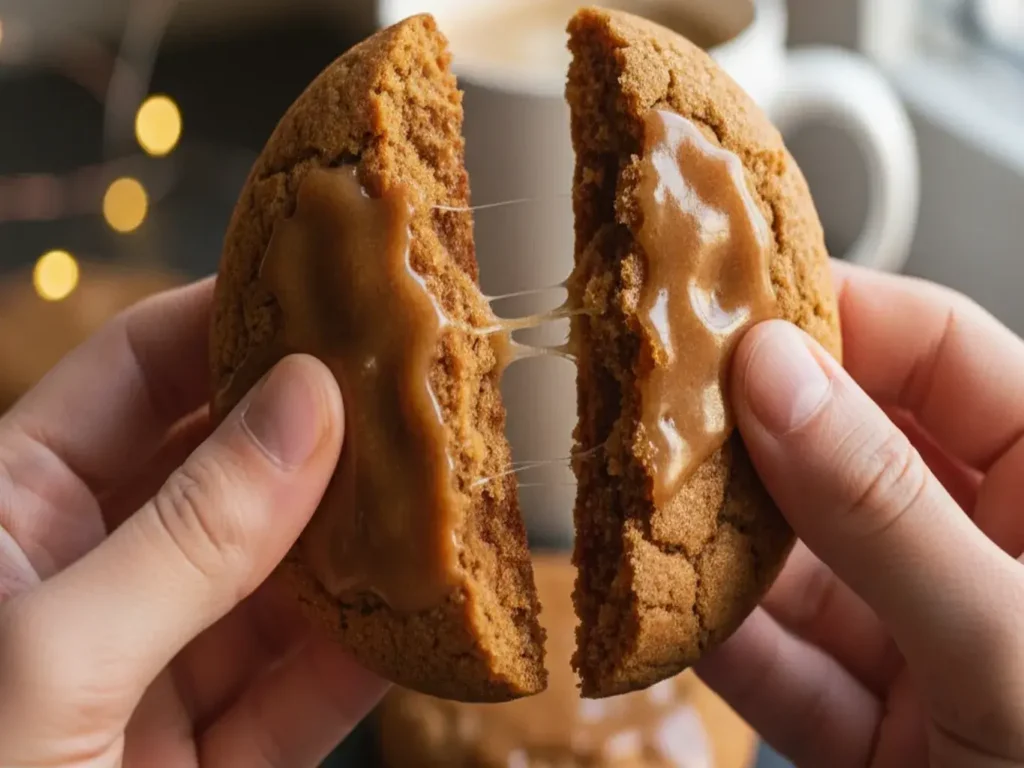 brown sugar maple cookie broken open with coffee