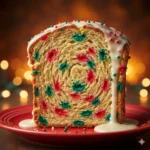 A gorgeous slice of homemade Christmas Funfetti Bread, bursting with color.
