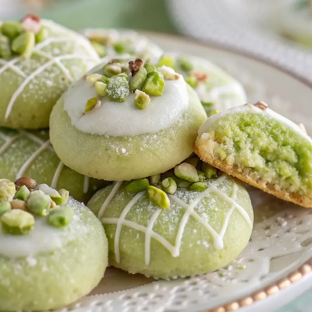 homemade pistachio wedding cookies on a wooden board
