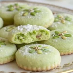 homemade pistachio wedding cookies on a wooden board