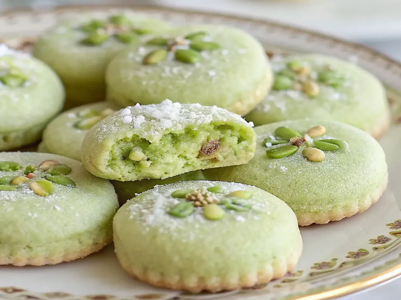 homemade pistachio wedding cookies on a wooden board