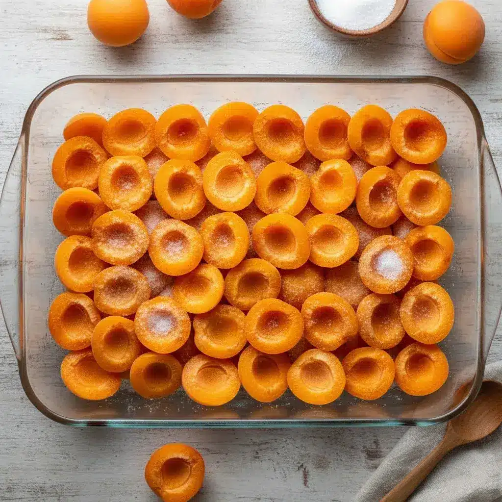 fresh apricots in a baking dish for dump cake