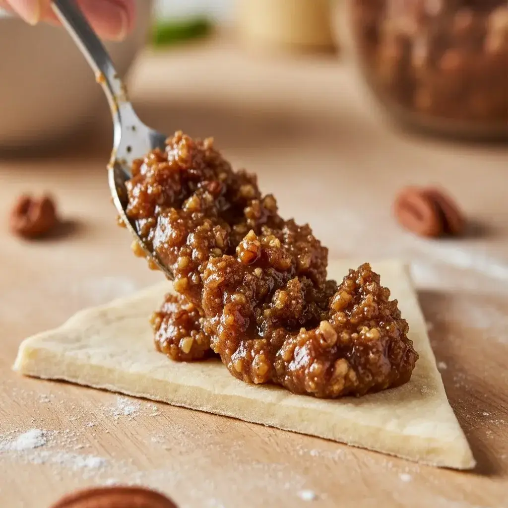 assembling pecan pie crescent rolls with filling