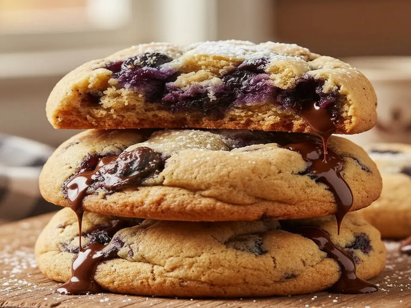 stack of soft blueberry chocolate chip cookies