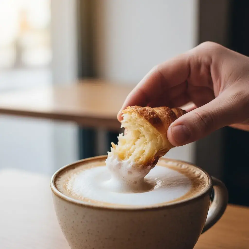 enjoying a cornetto pastry with coffee