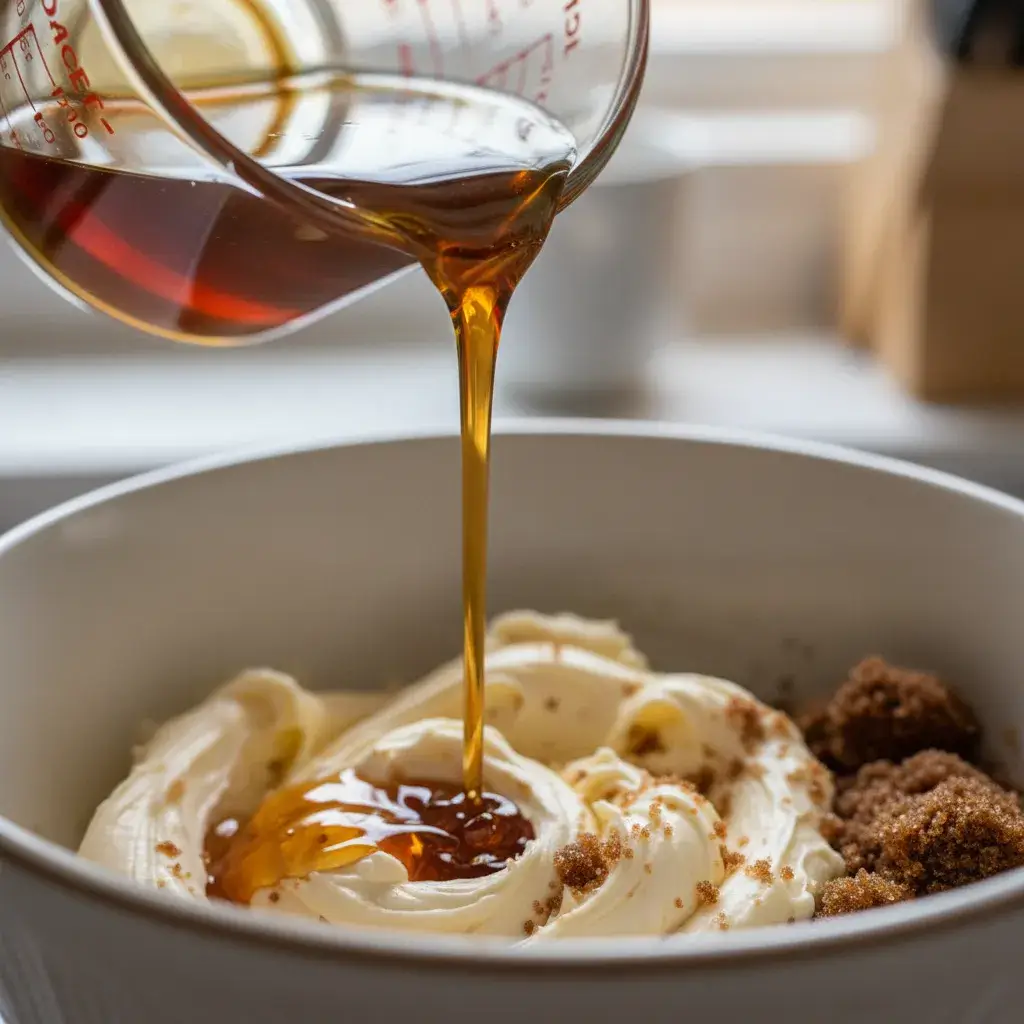 adding maple syrup to brown sugar cookie dough